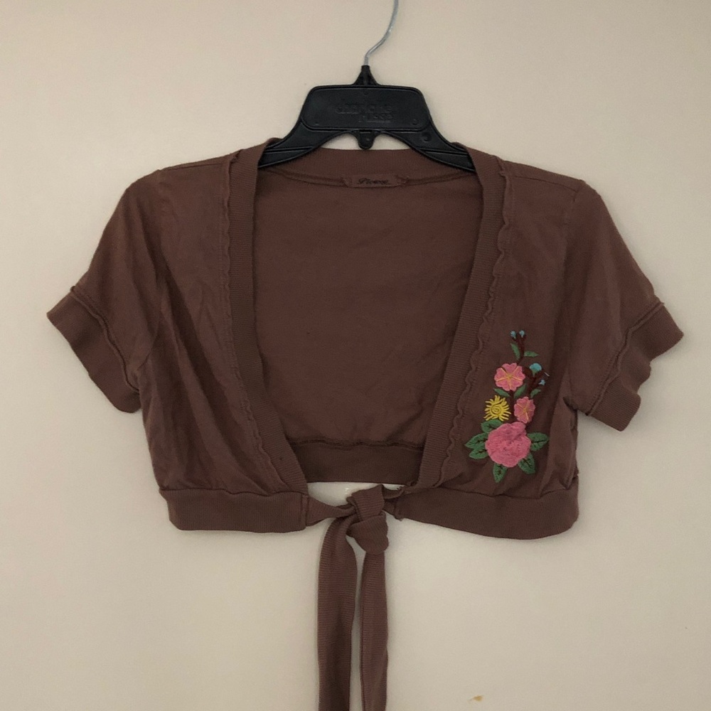 Picasso Brown Jersey Knit Tie-Front Floral Embroidered Women's Shrug Top! M/L